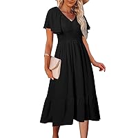 MEROKEETY Women's Summer Casual V Neck Ruffle Sleeve Smocked High Waist Midi Dress with Pockets