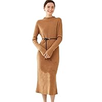 Wool Dress Autumn Winter Women Half Collar Long Package Hip Skirt Casual Knit Dress Champagne L
