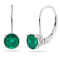 May Birthstone - Lab Created Round Lever Back Emerald Stud Earrings in 14K White Gold Availabe in 3mm - 8mm
