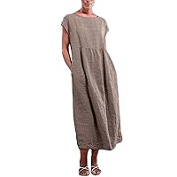 Women's Bohemian Solid Color Sleeveless Long Floor Maxi Swing Round Neck Trendy Dress Flowy Casual Summer Beach Khaki