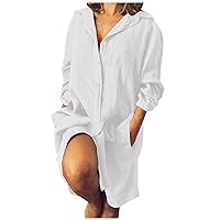 Women's Dresses 2023 and Linen Shirt Dressbutton Down V-Neck Long Sleeve with Pocket Knee Length Fairy Dress, S-3XL