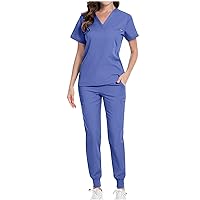 V Neck Scrubs Set Women Nurse Uniform 2 Piece Outfits Jogger Classic Scrub_ Tops & Yoga Jogger Pants with Pockets