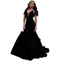 Women's Deep V Neck Arabic Mermaid Prom Dresses Sexy Tiered Backless Evening Party Gowns Black