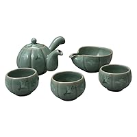 Korean Style Celadon Porcelain Pumpkin Bird Cloud Design Tea Ceremony Complete Service Gift Set Ceramic Pottery 11.8 oz (350ml) Side Handle Tea Pot Cups Teapot Pitcher Bowl for Cooling Hot Water