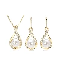DENGGUANG Freshwater Pearl Earrings Necklace Set for Women, Sterling Silver Pearl Jewelry with Moissanite Diamonds, Wedding Jewelry for Brides Bridesmaid
