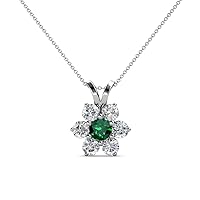 Round Emerald & Natural Diamond 7/8 ctw Women Floral Halo Pendant Necklace. Included 18 Inches Chain 14K Gold