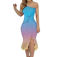 One Shoulder Dresses for Women Fashionable Gradient Color Slit Ruffle Hem Dress Elegant Wrap Ruched Bodycon Pencil Dress