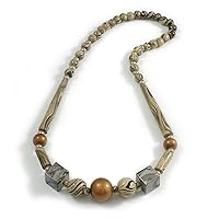 Avalaya Bold Beige/Grey/Black Geometric Wooden Bead Necklace - 70cm L