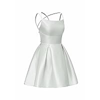 Short Satin Puffy Spaghetti Homecoming Dresses with Pockets for Juniors