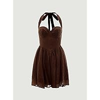 Summer Dresses for Women 2022 Tie Backless Bustier Halter Dress Dresses for Women (Color : Chocolate Brown, Size : Small)