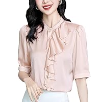Summer Vintage Women's Shirt in Real Silk - Loose Ruffled Blouse in Solid Red/White