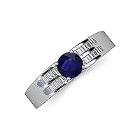 Round Blue Sapphire Baguette Natural Diamond 1 1/2 ctw Women Wide Shank Engagement Ring 14K Gold