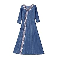 GMOIUJ Women's Autumn Slim Fit Denim Skirt with Retro Embroidery V-Neck Button Up Middle Sleeve Dress
