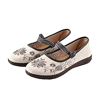 Ethnic Cotton Fabric Embroidered Women Flats Button Strap Retro Mom Shoes Breathable Dress Shoes Woman's Shoe Gray 6