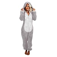 Onesie Pajamas for Women Fuzzy Zipper Hooded Romper Loungewear Plus Size Hooded Jumpsuit One Piece Winter Sleepwear Playsuit