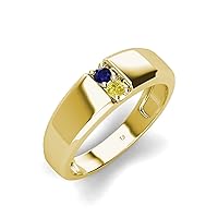Round Blue Sapphire & Yellow Diamond 0.21 ctw High Polished 2 Stone Men Wedding Band 14K Gold