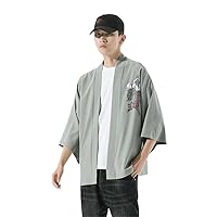 Black gray9 Cotton Linen Printed Jacket Men Loose Sunscreen Cardigan Kimono Coat Plus Size Thin Summer