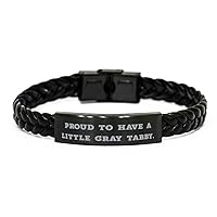 Joke Gray Tabby Cat Gifts, Proud to Have, Gray Tabby Cat Braided Leather Bracelet From Friends, Engraved Bracelet For Cat Lovers