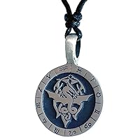 Medieval Winged Dragon Merlin Wheel of Zodiac Astrology Horoscope Tarot Psychic Pewter Men Pendant Necklace Wealth Good Luck Lucky Charm Protection Amulet Safe Travel Talisman w Black Adjustable Cord
