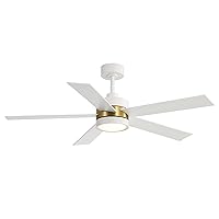 52 Inch Gold Ceiling Fans with Led Lights, 5-Blade Industrial Large Ceiling Fan Remote Control, Quiet Reversible DC Motor, Dual Downrod Mount Black Ceiling Fans for Bedroom