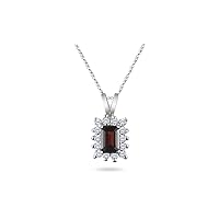January Birthstone - Diamond Cluster Garnet Solitaire Pendant AAA Emerald Shape in Platinum Available from 7x5mm - 10x8mm