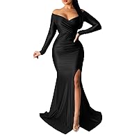 Velvet Dress for Women Plus Size,Formal Ruched Off Shoulder Slit Club Cocktail Bodycon Evening Gown Maxi Long Dresses