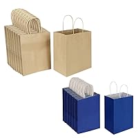 Oikss Each 100 Pack Medium Brown & Small Blue Kraft Paper Gift Bags with Handles Bulk