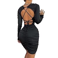 Dresses for Women Women's Dress Criss Cross Tie Backless Ruched Bodycon Dress Dresses (Color : Black, Size : Medium)
