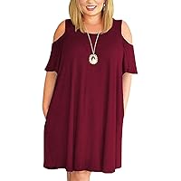 Kancystore Women Plus Size Dresses Short Sleeve Cold Shoulder Casual T-Shirt Swing Dress with Pockets