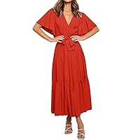 Women Summer Maxi Dress Casual Wrap V Neck Ruffle Cap Short Sleeve Belt A-Line Tiered Flowy Beach Long Dresses Plus Size Formal Dresses for Women (A1-Orange,Large)