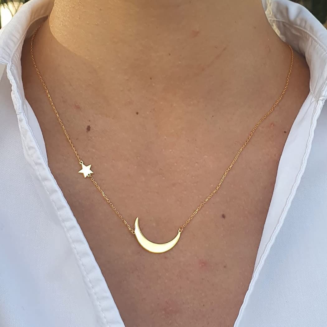 Tasiso Dainty Moon and Star Pendant Necklace for Women 14K Gold Crescent Moon Long Necklace Delicate Tiny Star Charm Necklace Minimalist Jewelry