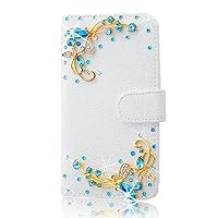 Crystal Wallet Phone Case Compatible with Moto G Stylus (2022) 6.8-inch - Butterfly - Blue - 3D Handmade Sparkly Glitter Bling Leather Cover with Screen Protector & Neck Strip Lanyard
