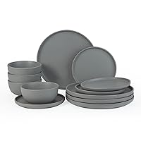 Famiware 12 Piece Plates and Bowls Set, Dawn Speckled Dinnerware Sets for 4, Matte Dish Set, Microwave and Dishwasher Safe, Dark Grey…