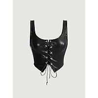 Women's Tops Sexy Tops for Women Women's Shirts Lace Up Front PU Leather Tank Top (Color : Black, Size : Large)