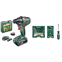 Bosch AdvancedDrill 18 Cordless Drill (with Battery, 18 Volt System, in Case) + 25 + 15 + 1 Mini X-Line Set Plus Handle (for Metal, Wood, Stone, Drill Accessories)