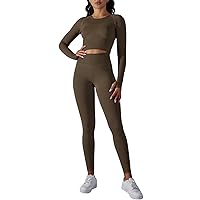 Orolay Workout Sets for Women 2 Piece Tummy Control 7/8 Leggings with Long Sleeve Crop Tops Athletic Gym Clothes Coffee Small