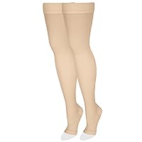 NuVein Medical Compression Stockings, 20-30 mmHg Support, Women & Men Thigh Length Hose, Open Toe, Light Beige, Small