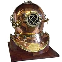 Full-Size U.S. Navy Mark V Copper & Brass Diving Helmet Replica with Wooden Base Rustic Vintage Home Decor Gifts