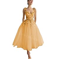 Lawrncedw 3D Flower Embroidered Formal Prom Gown Puffy Princess Dresses Spaghetti Straps Cocktail Party Dress Tea Length