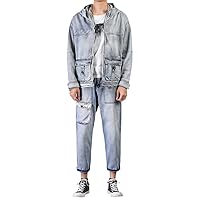 Japanese Harajuku Multi-Pockets Cargo Jacket Pants Denim Set Men Hip Hop Hooded Jackets Harem Jeans Casual Sets