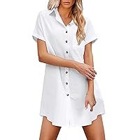 Women's Summer Casual Dress Women's Long Button Shirt Short Sleeve Linen Shirt Skirt Summer Beach Blouse
