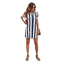 Summer Dresses for Women 2024 Two Tone Striped Button Front Shirt Short Dress Without Belt