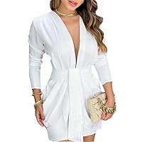 Women Long Sleeves Deep V Neck Mini Dress A Line Ruffles Party Dress Formal Working White Dresses
