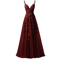 PEIYJYUSP Tulle Lace Appliques V Neck Prom Dresses A Line Wedding Bridesmaid Prom Dress for Teens Ball Gown