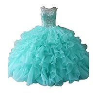 Amazing Ruffled Skirt Sheer Neck Organza Ball Gowns Quinceanera Dresses Crystal Keyhole Back Sweet 16 Prom Formal