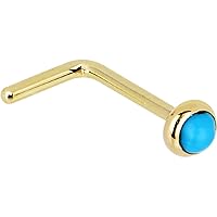 Body Candy Solid 14k Yellow Gold 2mm Turquoise L Shaped Nose Stud Ring 20 Gauge 1/4