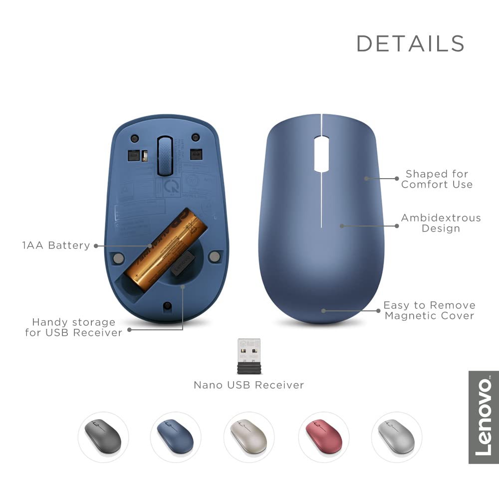 Lenovo 530 Wireless Mouse with Battery, 2.4GHz Nano USB, 1200 DPI Optical Sensor, Ergonomic for Left or Right Hand, Lightweight, GY50Z18986, Abyss Blue
