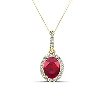 Oval Cut Ruby Round & Natural Diamond 1 3/4 ctw Women Halo Pendant Necklace. Included 16 Inches 14K Gold Chain