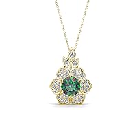 Round Lab Created Alexandrite Diamond 3/4 ctw Women Floral Halo Pendant Necklace 16 Inches Chain 14K Gold