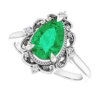 Vintage Halo Heart Shape Emerald Ring 14K White Gold, Victorian Genuine 1 CT Emerald Diamond Ring, Filigree Green Emerald Engagement Ring, May Birthstone Rings